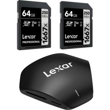 Professional 3’ü 1 Arada USB 3.1 Çoklu Kart Okuyucu Set + 2 x Lexar Professional 64GB 1667x SDXC UHS-II SD Hafıza Kartı