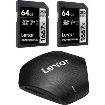 Professional 3’ü 1 Arada USB 3.1 Çoklu Kart Okuyucu Set + 2 x Lexar Professional 64GB 1667x SDXC UHS-II SD Hafıza Kartı